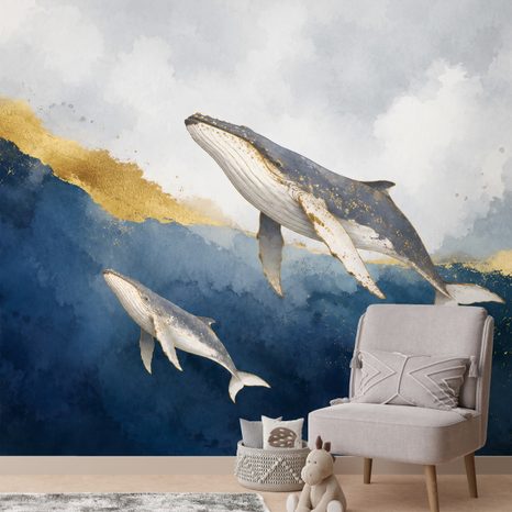 ZELFKLEVEND FOTOBEHANG AQUARELWALVISSEN IN GOUDBLAUW - FOTOBEHANG ZEELEVEN - FOTOBEHANG
