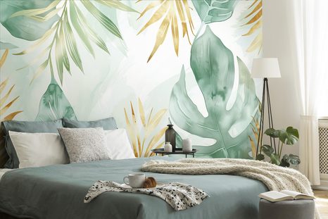 TAPETE PASTELLGRÜNE BLÄTTER MIT GOLDENEN TÖNEN - TAPETEN BLÄTTER - TAPETEN