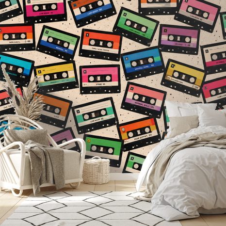 SELBSTKLEBENDE TAPETE RETRO BUNTE KASSETTEN - MUSIK FOTOTAPETEN - TAPETEN