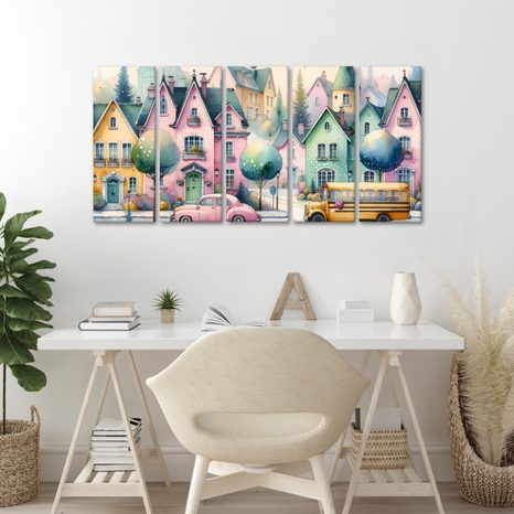 5-CZĘŚCIOWY OBRAZ PASTELOWE MIASTECZKO - OBRAZY DZIECIĘCE - OBRAZY