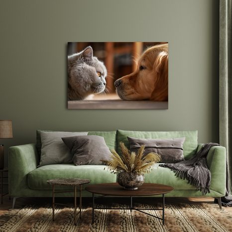 WANDBILD KATZENBLICK UND HUNDEFREUNDSCHAFT - BILDER TIERE - BILDER