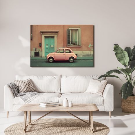 OBRAZ RŮŽOVÝ RETRO VŮZ V MĚSTĚ - OBRAZY AUT - OBRAZY
