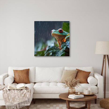 WANDBILD REGENTROPFEN AUF EINEM FROSCHBLATT - BILDER TIERE - BILDER