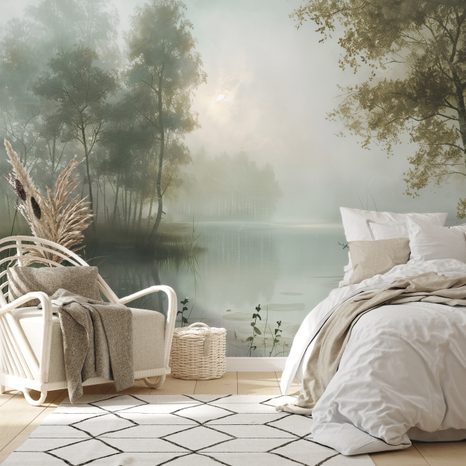 TAPET AUTOADEZIV PEISAJ DE PĂDURE ÎN CEAȚĂ - TAPET COPACI - TAPETURI