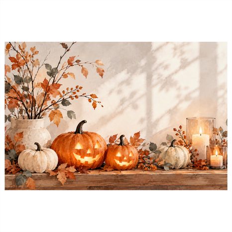 QUADRO SU TELA – ZUCCHE AUTUNNALI CON CANDELE - QUADRI HALLOWEEN E HORROR - STAMPE E QUADRI