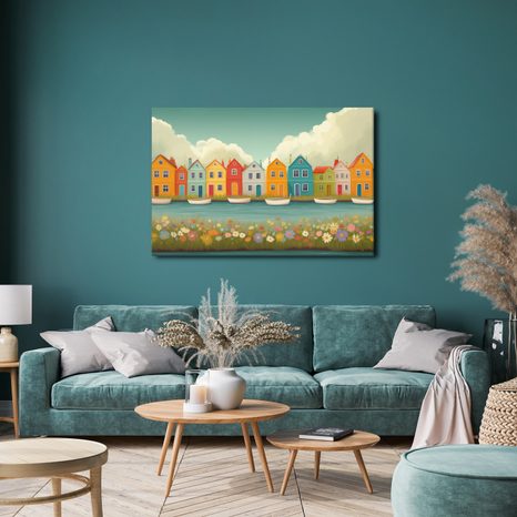 WANDBILD BUNTE HÄUSERREIHE AM FLUSS - BUNTE HÄUSER - BILDER