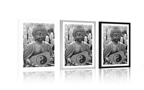 PLAKÁT S PAPSARTOU JIN A JANG BUDDHA V ČERNOBÍLÉM PROVEDENÍ - FENG SHUI - PLAKÁTY