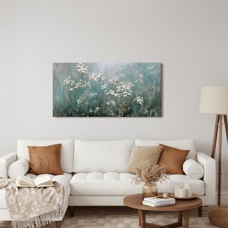 WANDBILD BLÜHENDE WIESE IM DUNST - BILDER BLUMEN - BILDER