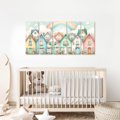 5-DÍLNÝ OBRAZ BAREVNÁ ULIČKA POD DUHOVÝM NEBEM - OBRAZY MĚSTA - OBRAZY