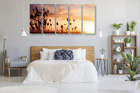 5-DÍLNÝ OBRAZ STÉBLA TRÁVY PŘI VÝCHODU SLUNCE - OBRAZY PŘÍRODY A KRAJINY - OBRAZY