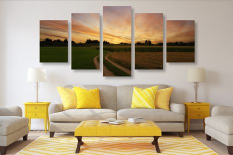 5-TEILIGES WANDBILD UNTERGEHENDE SONNE ÜBER DER LANDSCHAFT - BILDER VON NATUR UND LANDSCHAFT - BILDER