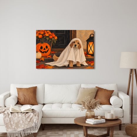 QUADRO SU TELA – CAGNOLINO FANTASMA CON ZUCCA - QUADRI HALLOWEEN E HORROR - STAMPE E QUADRI
