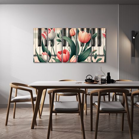 5-DÍLNÝ OBRAZ KLAVÍR A TULIPÁNY V KVĚTINOVÉ SYMFONII - OBRAZY KVĚTŮ - OBRAZY