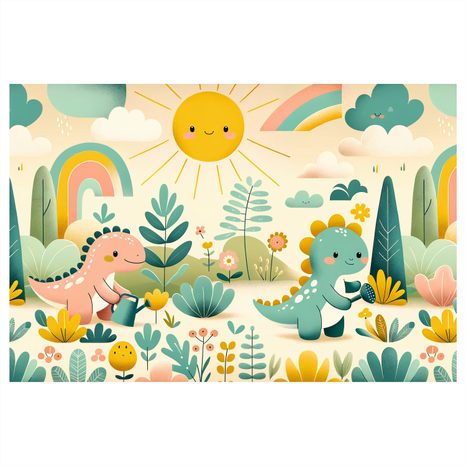 WANDBILD SPIELETAG DER KLEINEN DINOS IN DER NATUR - KINDERBILDER TIERE - BILDER