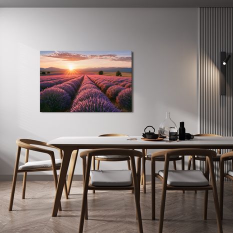TABLEAU SUR TOILE – SOLEIL AU-DESSUS D’UN CHAMP DE LAVANDE - TABLEAUX DE CHAMPS ET PRAIRIES - TABLEAUX