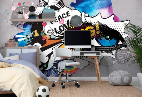 CARTA DA PARATI – OCCHIO GRAFFITI SU SFONDO GRIGIO - CARTA DA PARATI ARTE DI STRADA - CARTA DA PARATI