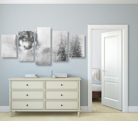 5-DELNA SLIKA VOLK V ZASNEŽENI DEŽELI V ČRNOBELI IZVEDBI - ČRNOBELE SLIKE - SLIKE