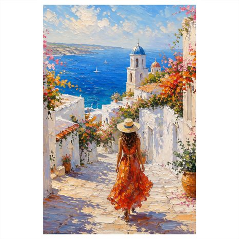 TABLEAU SUR TOILE – CHEMIN FLEURI VERS LA CÔTE - TABLEAUX DE LA MER ET DE LA PLAGE - TABLEAUX