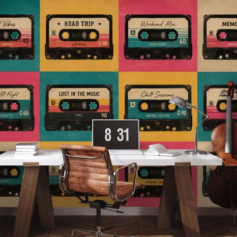 SAMOLEPILNA TAPETA RETRO BARVNE AVDIO KASETE - GLASBENE FOTOTAPETE - TAPETE