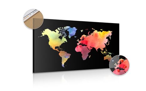 QUADRO IN SUGHERO – MAPPA DEL MONDO IN STILE ACQUERELLO SU SFONDO NERO - QUADRI SU SUGHERO - STAMPE E QUADRI