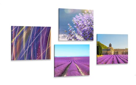 CANVAS PRINT SET LAVENDER FIELDS WITH BEAUTIFUL ABSTRACTION - SET OF PICTURES - PICTURES