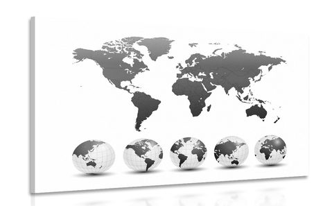 CANVAS PRINT GLOBES WITH A WORLD MAP IN BLACK AND WHITE - PICTURES OF MAPS - PICTURES