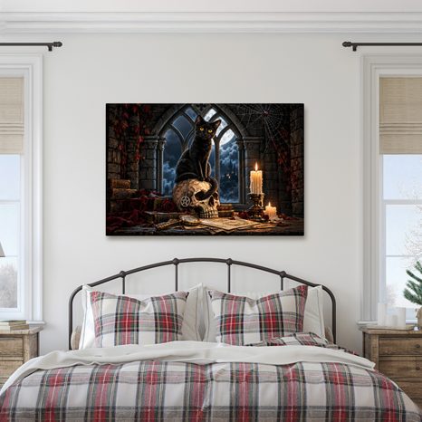 WANDBILD SCHWARZE KATZE AUF EINEM SCHÄDEL - HALLOWEEN- UND HORROR-BILDER - BILDER