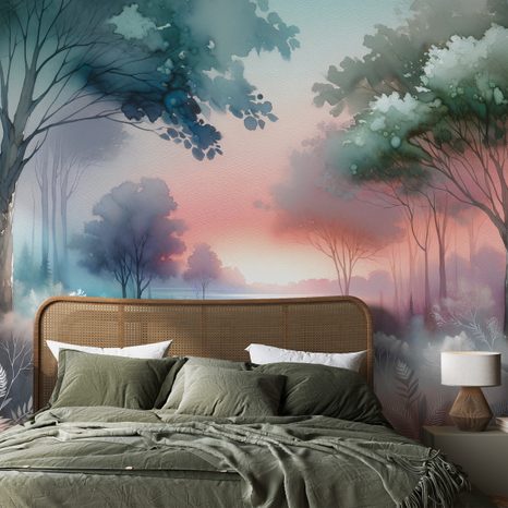 SAMOLEPÍCÍ TAPETA PASTELOVÁ LESNÍ KRAJINA PŘI ZÁPADU SLUNCE - TAPETY LES - TAPETY