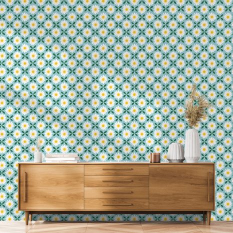 TAPETE BUNTE BLÜTEN AUF TÜRKISFARBENEM HINTERGRUND - GEMUSTERTE TAPETEN - TAPETEN