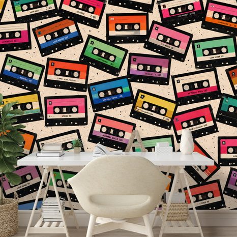 TAPETE RETRO BUNTE KASSETTEN - MUSIK FOTOTAPETEN - TAPETEN