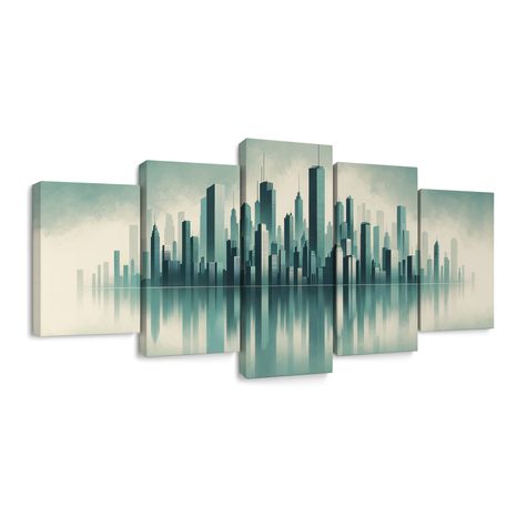 5-DÍLNÝ OBRAZ MRAKODRAPY ZAHALENÉ V MLZE - OBRAZY MĚSTA - OBRAZY