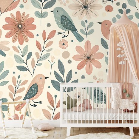 SAMOLEPÍCÍ FOTOTAPETA PASTELOVÍ PTÁČCI A KVĚTINY - TAPETY PTÁCI - TAPETY