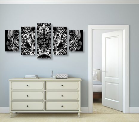 TABLOU 5-PIESE MANDALA SĂNĂTĂȚII ÎN DESIGN ALB-NEGRU - TABLOURI ALB-NEGRU - TABLOURI
