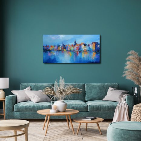 WANDBILD BUNTE STADT AM FLUSS - BUNTE HÄUSER - BILDER