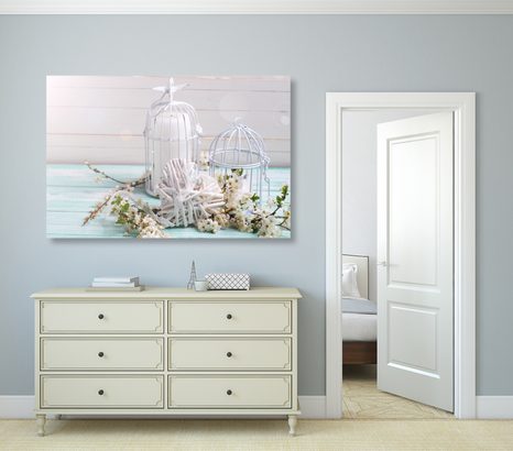 OBRAZ TŘEŠŇOVÁ VĚTVIČKA A BÍLÉ LUCERNIČKY - VINTAGE A RETRO OBRAZY - OBRAZY