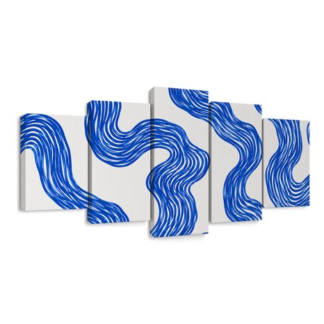 TABLEAU EN 5 PARTIES – LIGNES ONDULÉES BLEUES - IMAGES FORMES ABSTRAITES - TABLEAUX