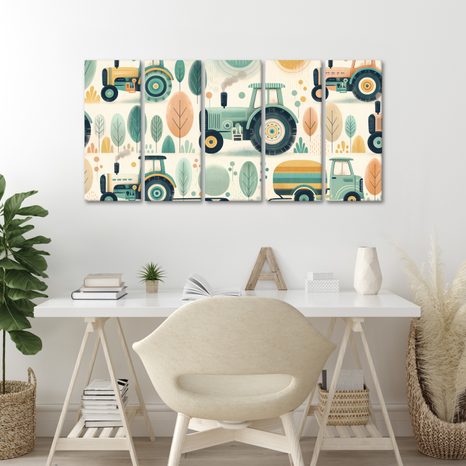 5-TEILIGES WANDBILD BUNTE TRAKTOREN IM WALD - KINDERBILDER VERKEHRSMITTEL - BILDER