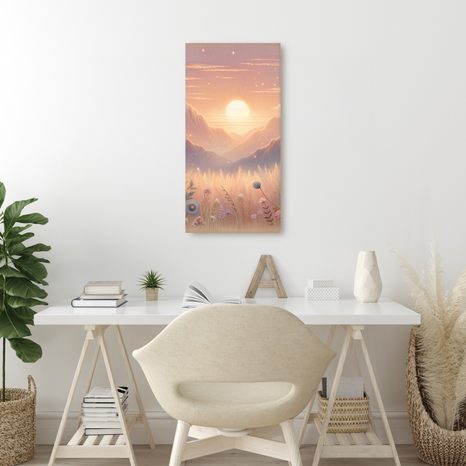 WANDBILD BERGE, BLUMEN UND UNTERGEHENDE SONNE - BILDER VON SONNENAUFGANG UND SONNENUNTERGANG - BILDER