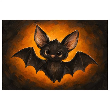 QUADRO SU TELA – PIPISTRELLO ADORABILE NEL BAGLIORE ARANCIONE - QUADRI HALLOWEEN E HORROR - STAMPE E QUADRI