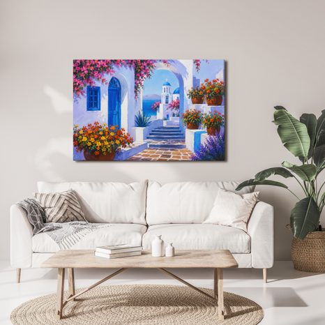 TABLEAU SUR TOILE – COIN MÉDITERRANÉEN À DÔME BLEU - TABLEAUX DE LA VILLE - TABLEAUX