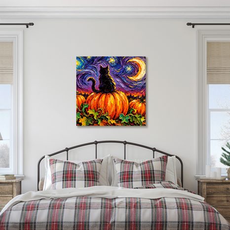 QUADRO SU TELA – GATTO TRA ZUCCHE E LUNA - QUADRI HALLOWEEN E HORROR - STAMPE E QUADRI