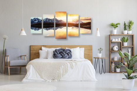 5-DÍLNÝ OBRAZ OSLNIVÝ ZÁPAD SLUNCE NAD HORSKÝM JEZEREM - OBRAZY PŘÍRODY A KRAJINY - OBRAZY