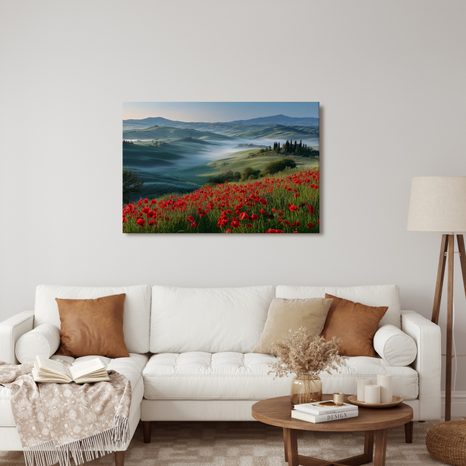 WANDBILD MORGENNEBEL ÜBER DEN HÜGELN - WANDBILDER FELDER UND WIESEN - BILDER