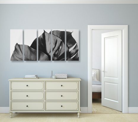 5-RÉSZES KÉP KÖNNYEZŐPÁLMA LEVELE FEKETE FEHÉRBEN - FEKETE-FEHÉR KÉPEK - KÉPEK