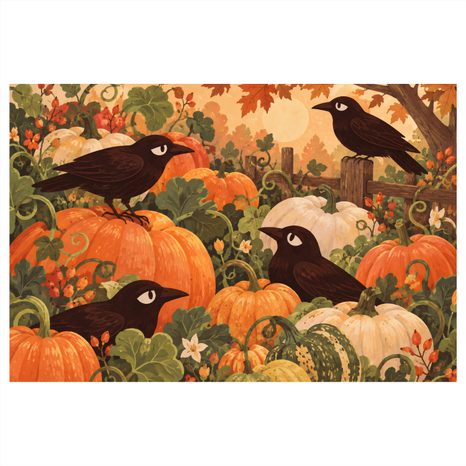 WANDBILD RABEN ZWISCHEN HERBSTLICHEN KÜRBISSEN - HALLOWEEN- UND HORROR-BILDER - BILDER