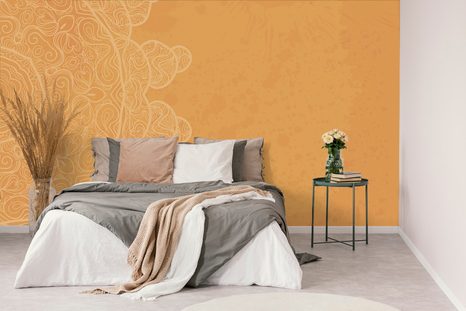 SELF ADHESIVE WALLPAPER ORANGE ARABESQUE ON AN ABSTRACT BACKGROUND - SELF-ADHESIVE WALLPAPERS - WALLPAPERS