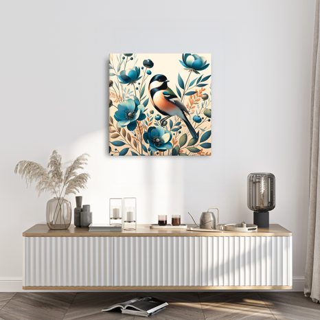 OBRAZ SÝKORKA V KVĚTINOVÉ ZAHRADĚ - OBRAZY PTÁCI - OBRAZY