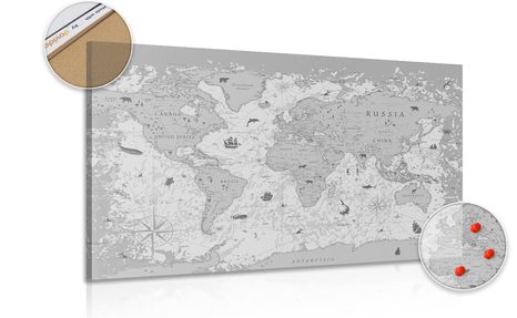 DECORATIVE PINBOARD MAP IN BLACK AND WHITE - PICTURES ON CORK - PICTURES