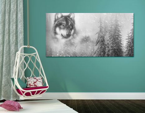 OBRAZ VLK V ZASNĚŽENÉ KRAJINĚ V ČERNOBÍLÉM PROVEDENÍ - ČERNOBÍLÉ OBRAZY - OBRAZY