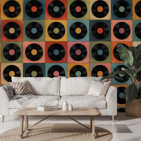 SELBSTKLEBENDE TAPETE RETRO-VINYLPLATTEN AUF BUNTEM HINTERGRUND - MUSIK FOTOTAPETEN - TAPETEN